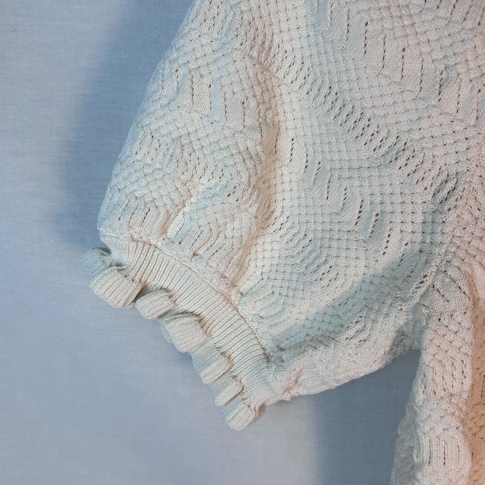 Habitual Nordstrom Ivory Pointelle Knit Short Sleeve Cardigan Sweater Size S - Picture 7 of 13